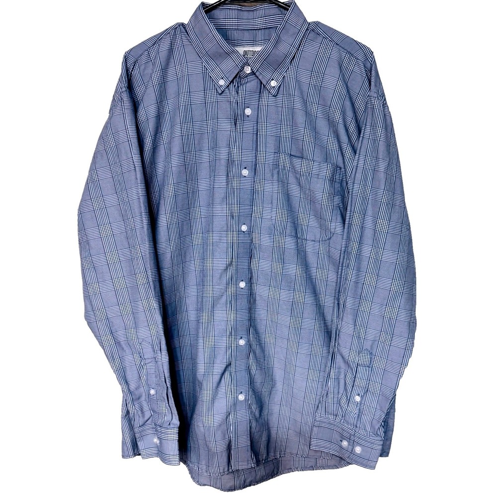 Men's 2XL Button Down Shirt Blue White Check Long Sleeve Work Outdoor Casual